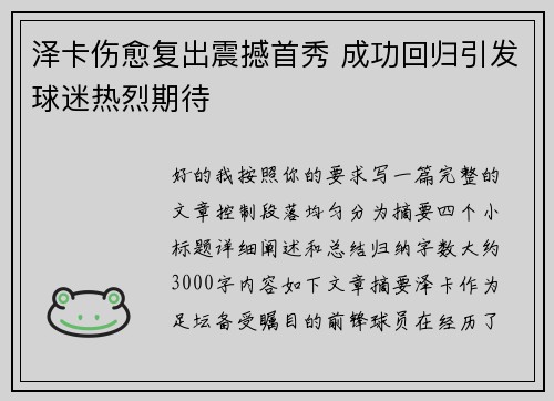 泽卡伤愈复出震撼首秀 成功回归引发球迷热烈期待
